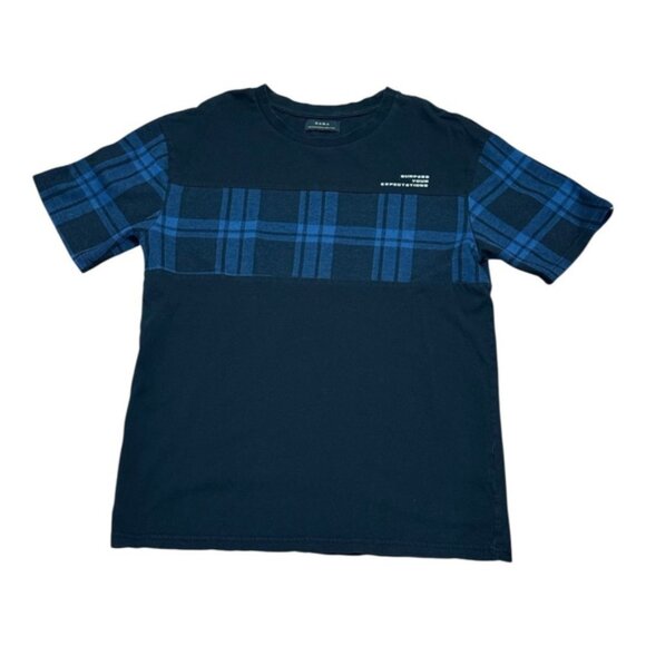 Zara Shirt Mens Medium Black Blue Plaid Surpass Your Expectations Short Sleeve - Picture 1 of 8